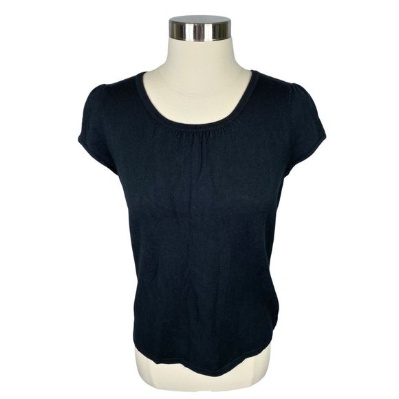 Ann Taylor PETITES Black Crew Neck Casual Blouse - Picture 3 of 4